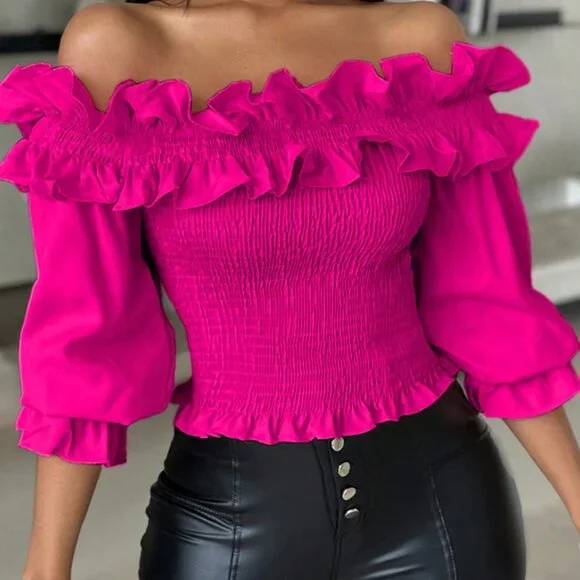 Hot Pink Casual Women's Ruffle Decor Off-Shoulder Cropped Top - Picture 3 of 6